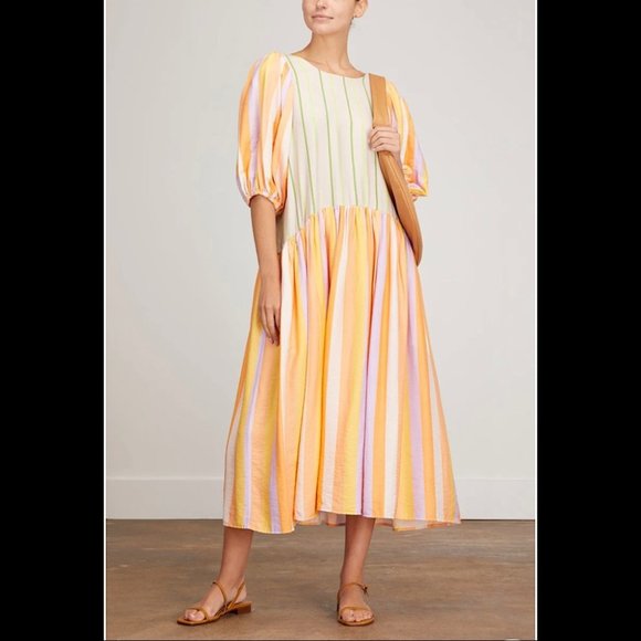Stine Goya Dresses & Skirts - Stine Goya Dress Midi Summer Puff Sleeve Casual Amelia Sunset & Lime Stripe
